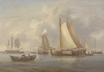 Holenderskie łodzie rybackie na kotwicy w ujściu rzeki, ok. 1850-60 (wc ze skrobakami i gumą na papierze)